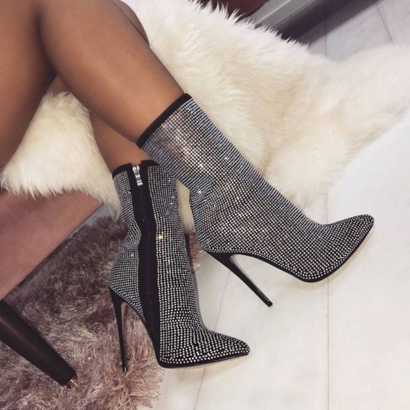 Sophisticated Women's High Heel Footwear with Shimmering Stone Decorations