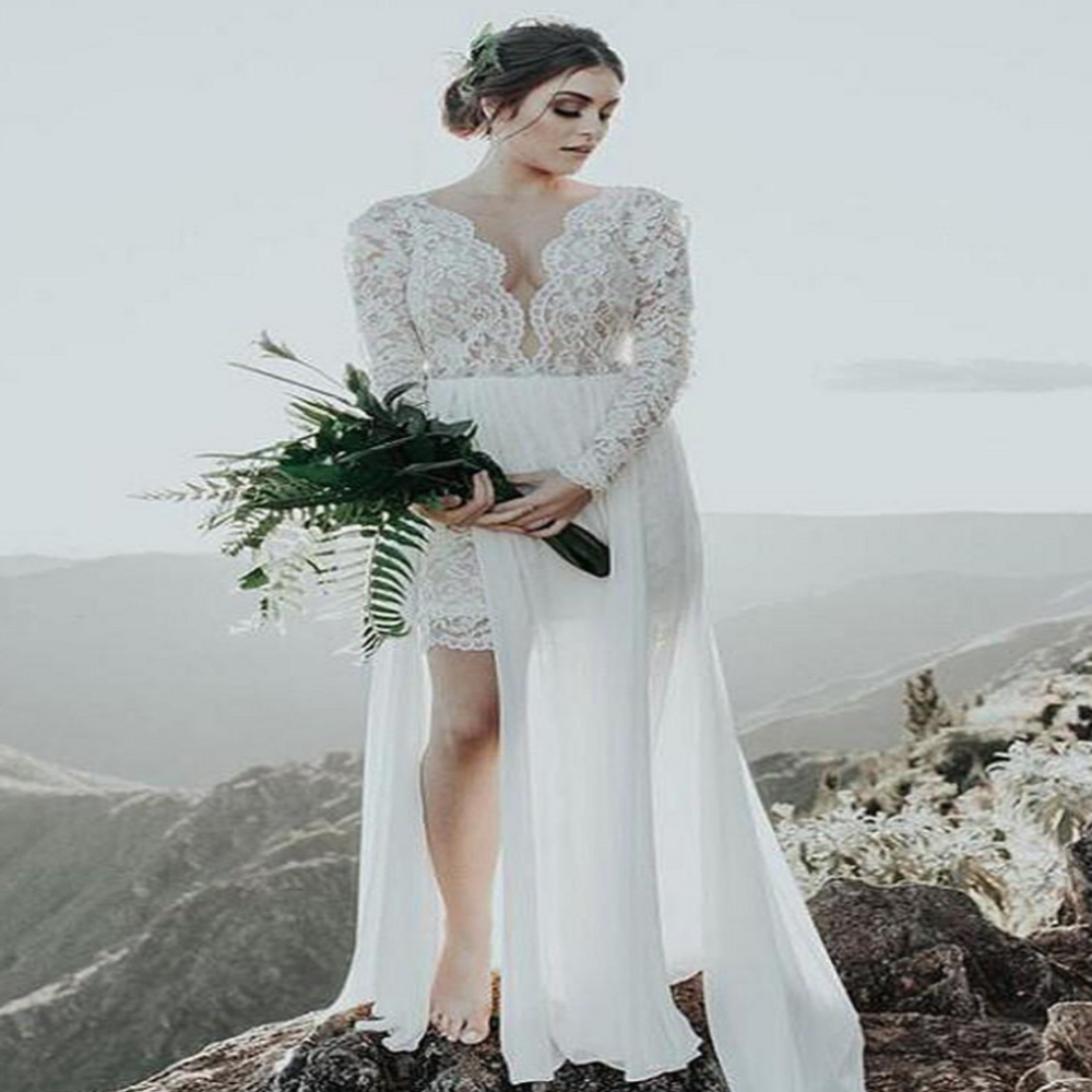 Minimalist Beach Civil Wedding Dress 2025 Lace Long Sleeve Bohemian Bride Dress Flowy Gatsby Boho Country Bridal Dress Robe De Mariee Elegant Vestio D