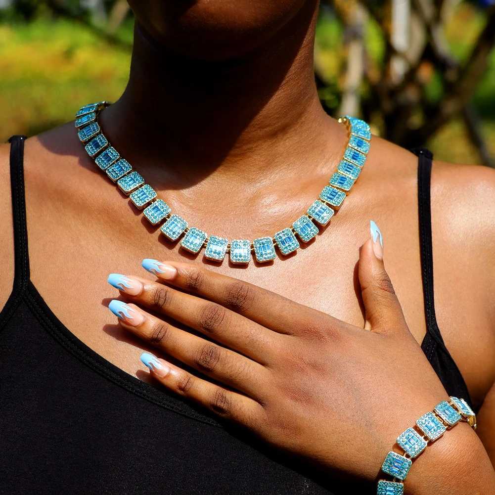 Mens shiny blue bagel tennis Cuban chain necklace mini paving square crystal d outer chain necklace hip-hop jewelry gift X250224