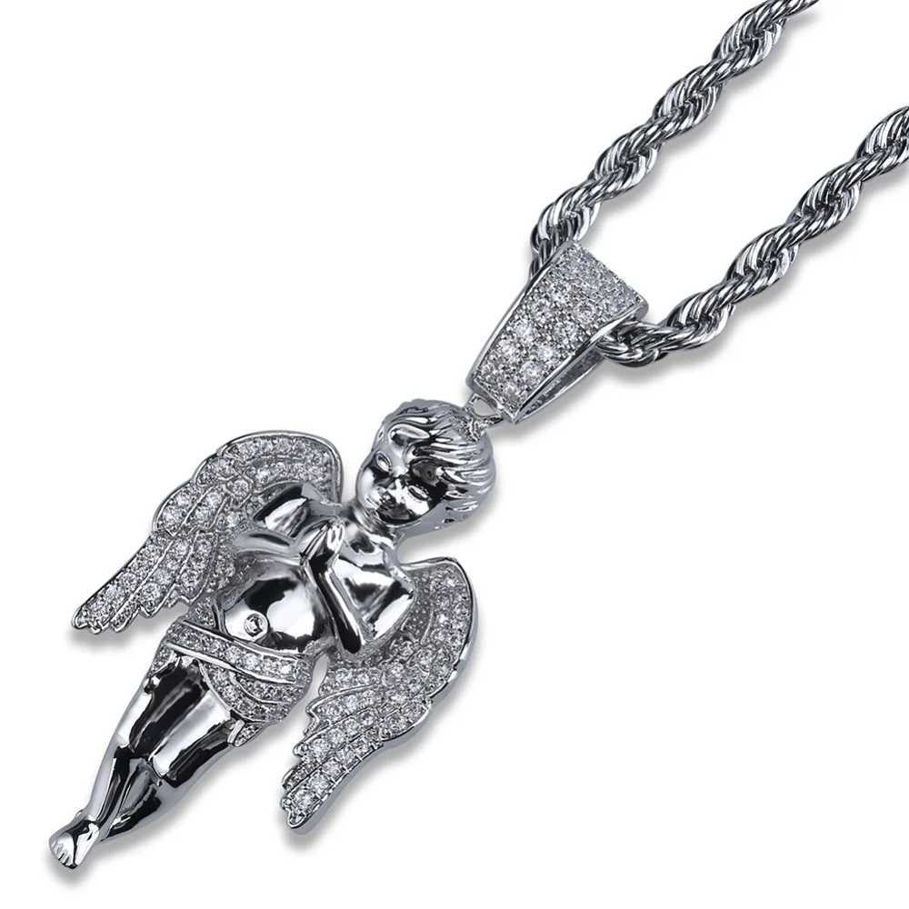 TOPGRILLZ HipHop Mens Wen Necklace Gold Color Plated and Out Micro Pave CZ Stone Angel Pendant Necklaces Gifts X250224