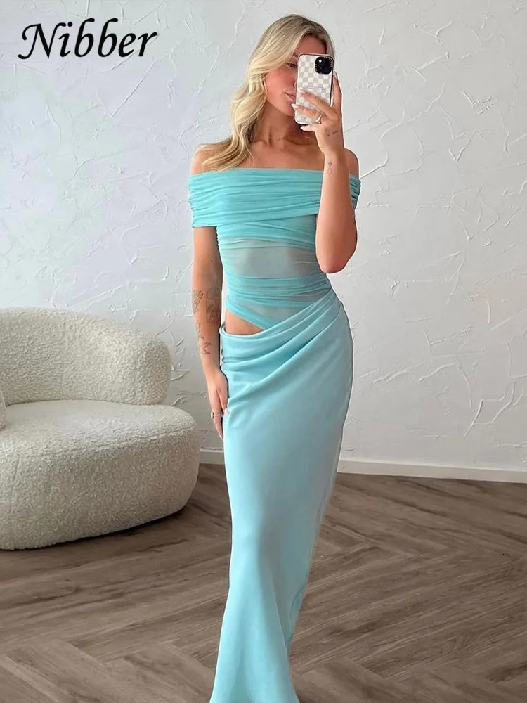 Nibber Ruched Irregular Dress Women Mesh Patchwork Slash Neck Short Sleeve Skinny Stretch Trend Elegant Long Bodycon Outfits 250222