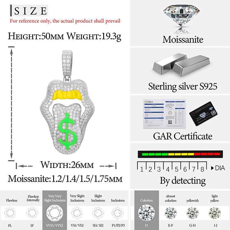 High Quality Tongue Luminous Style Pendant S925 Moissanite Pendant Necklace Rope Chain For Men Hip Hop Jewelry Nightclub Gift X250224