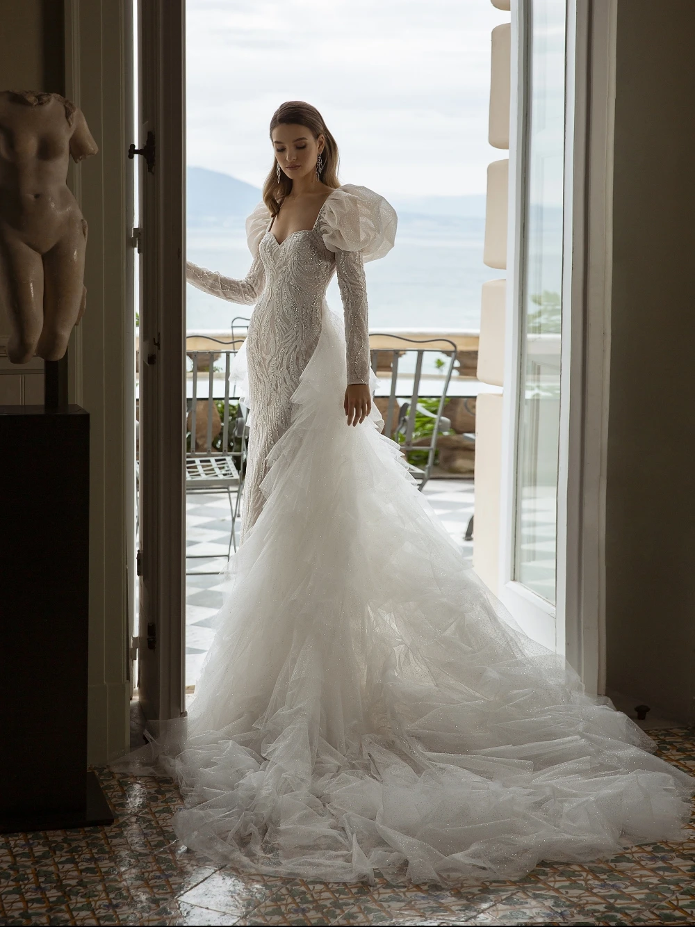 Mermaid Wedding Dress Sweetheart Neck Long Sleeves Bridal Gowns Sequins Detachable Train Dresses Custom Made vestidos de novia
