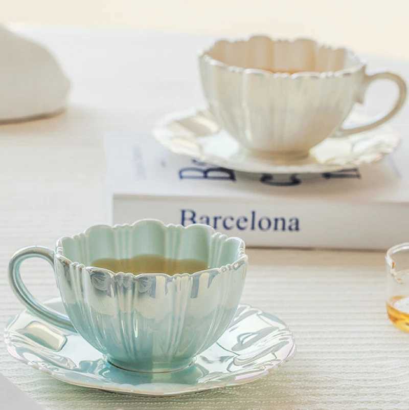 Pearl Petal Coffee Cup Office Afternoon Tea High-end Beverage Cup Creative Minimalist Ceramic Cup Juice Cup SetC250224