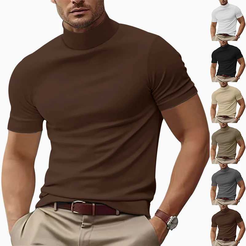 Cross-border summer new mens casual T-shirt fashion semi-high neck slim-fit solid color base trend W250224
