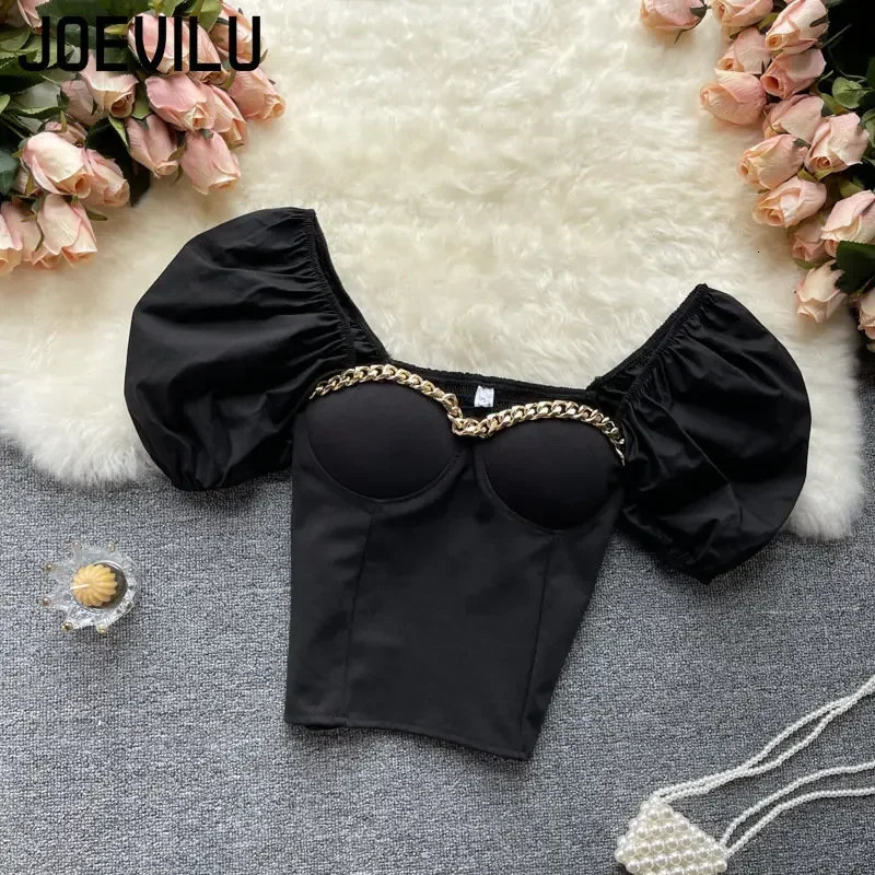 Belly Button Shirt Chic Chain Off Shoulder Expose Clavicle Tank Top Summer Puff Sleeve Crop Tops Women Elegant Sexy Slim Blouses 250222