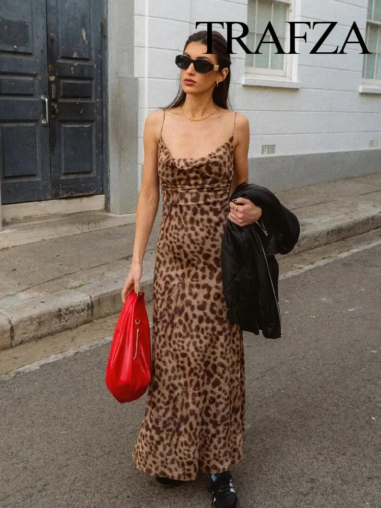 TRAFZA Women Fashion Leopard Print Sleeveless Backless Suspender Dress Summer Female Vintage Slim Casual Beach Party Long 250222