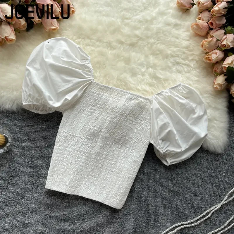 Belly Button Shirt Chic Chain Off Shoulder Expose Clavicle Tank Top Summer Puff Sleeve Crop Tops Women Elegant Sexy Slim Blouses 250222