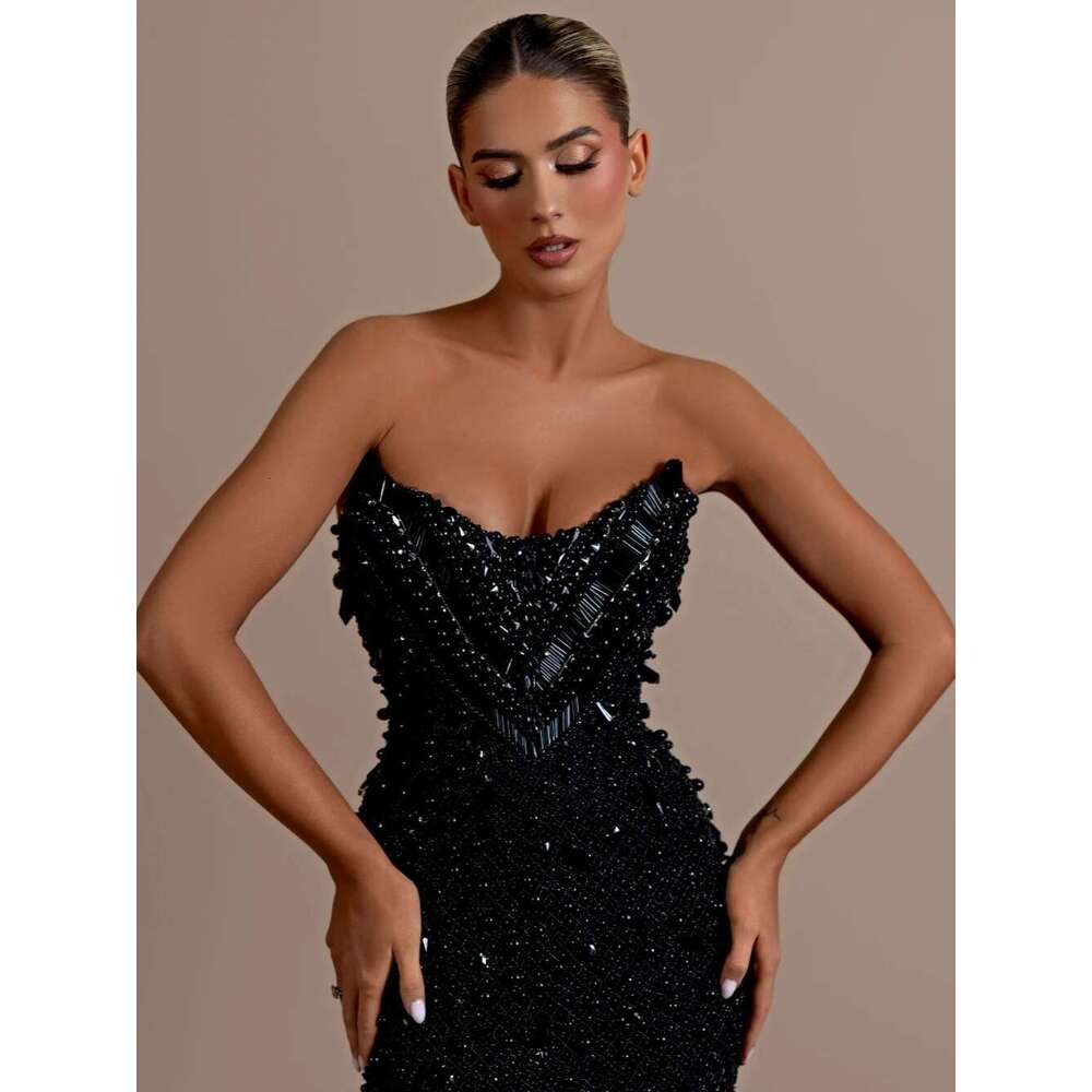 Black Neckline V-Sheath Celebrity Night Charming Sequins Pearls Tail Custom Stylish Zipper evening Back Party Ball Dress