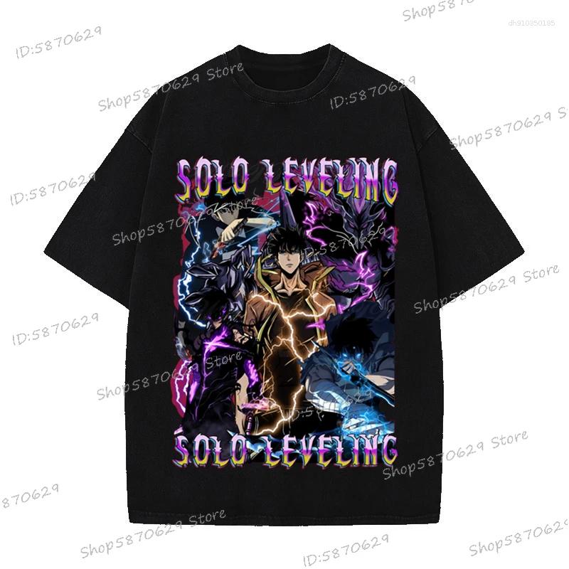 Men's T Shirts Anime Solo Leveling Shirt Cotton Vintage Washed Sung Jin Woo T-shirts Streetwear Retro Manga Men Women Tops