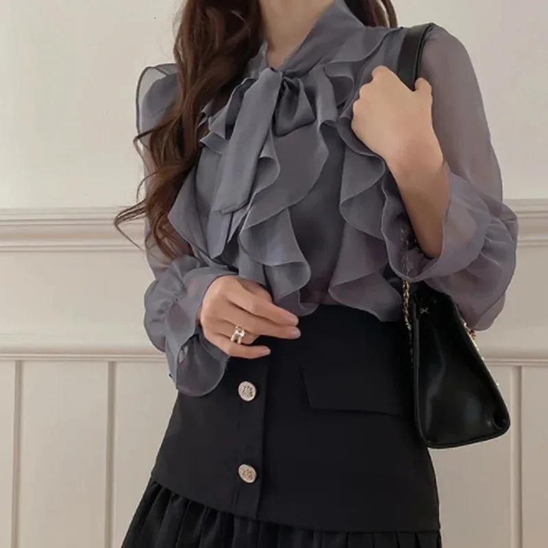 Spring Chiffon Shirt Fashion Office Womens Top Sweet Bow Shirt Womens Casual Long Sleeve Womens Clothing Blusas Mujer 13864 250224