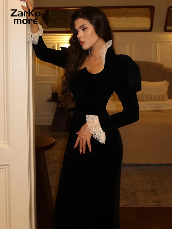 Elegant Patchwork Velvet Midi Dress Black Lace Long Puff Sleeve Slim High Waist Dresses Spring Summer Lady Party Robes 250222