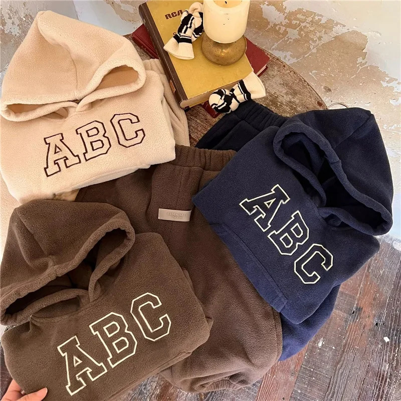 Baby Boy Girl Hooded Clothes Set HoodiePant 2PCS Infant Toddler Child Warm Fleece Home Suit Winter Spring Baby Clothes 1-10Y 250224