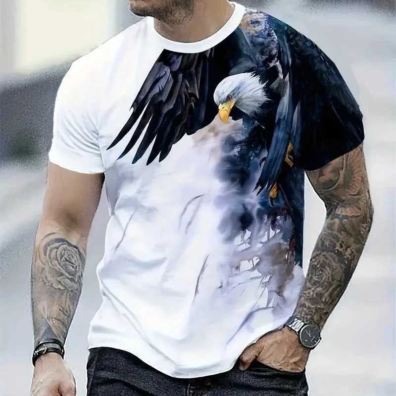 Tropical mens white T-shirt with animal eagle print top fashion mens short sleeved casual sports mens top loose plus size W250224