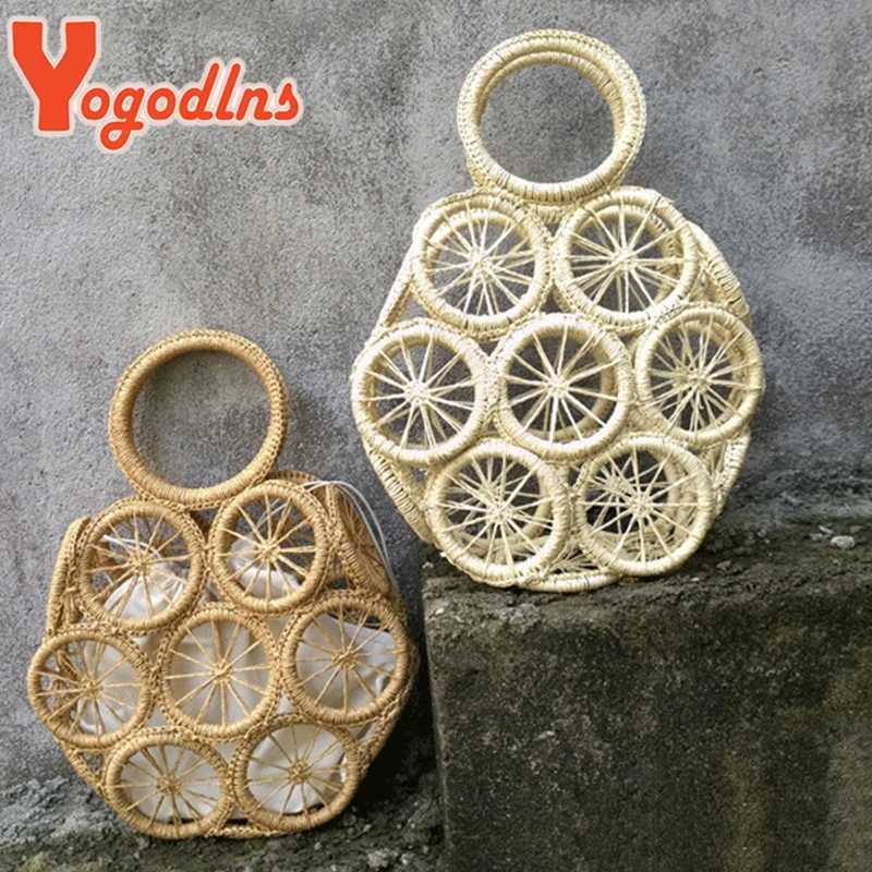 Yogodlns Summer Straw Bag For Women Round Hollow Beach Bag Casual Handmade Woven Handbag Seaside Vacation LadyHandle Bag Pouch