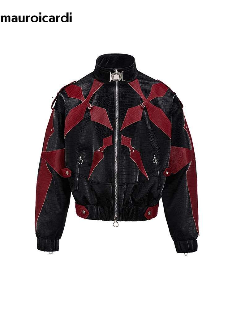 Mauroicardi Spring Autumn Cool Handsome Crocodile Print Patchwork Pu Leather Jacket Men Color Block Designer Clothes 2024