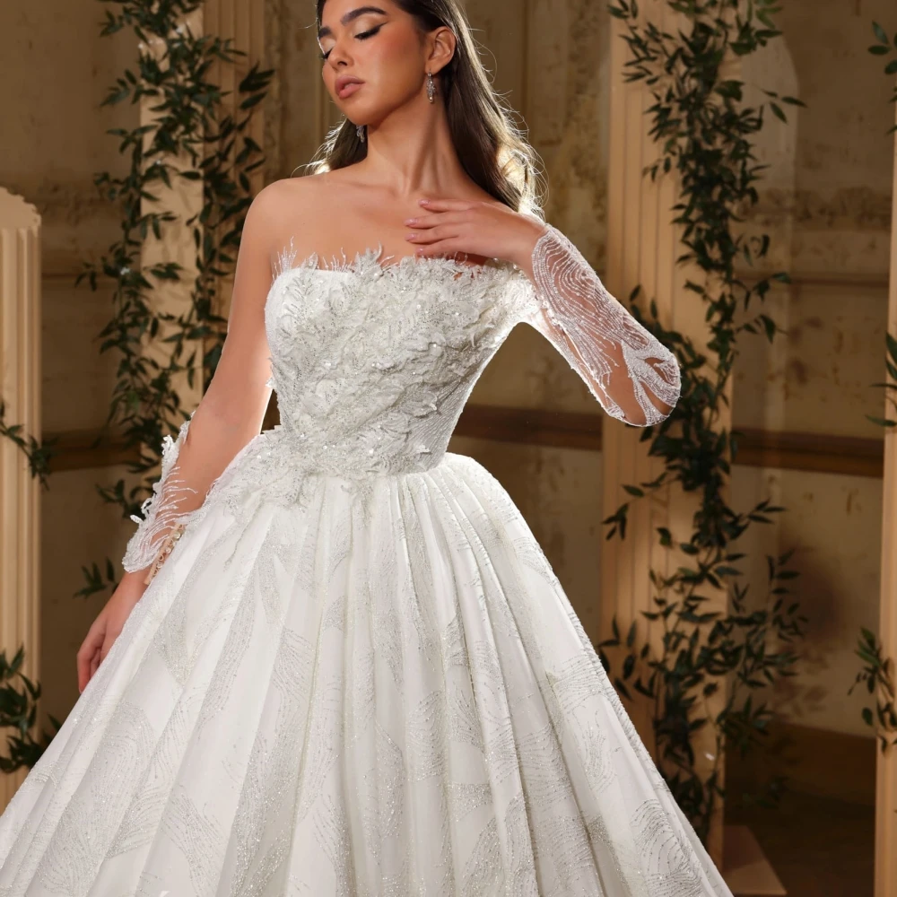 Classic A e Women Wedding Sheer Neck Long Sleeves Bridal Gowns Appliques Sweep Train Dress Custom Made