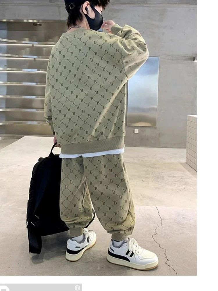 Spring Children Boy Clothes Set Kid Girls All Over Printed Letter Sweatshirts Pullover Top and Pants 2 Pieces Suit Tracksuits 250224