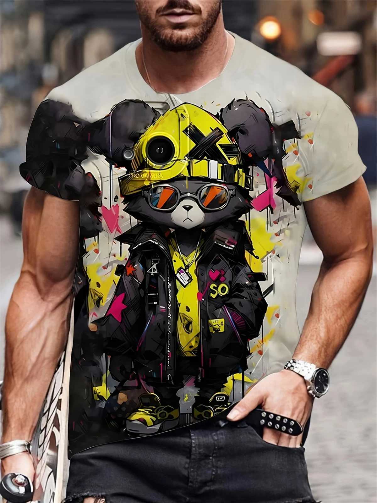 Mens T-shirt with new cartoon animal pattern print staff collar short sleeved oversized mens summer fashion mens clothing W250224