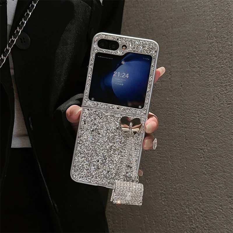 Luxury Glitter Phone Case For Galaxy Z Flip 6 5 4 3 Cover with Cute Bag Pendant Plating Silver Cases For Flip5 Flip4 5G X250224