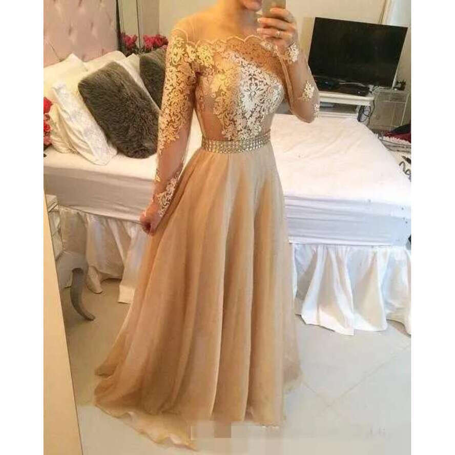 Prom Gold Dresses Bateau Off The Shoulder Long Sleeves Tulle Lace Applique Beaded Wiast Or Length Evening Party Gowns Custom Made
