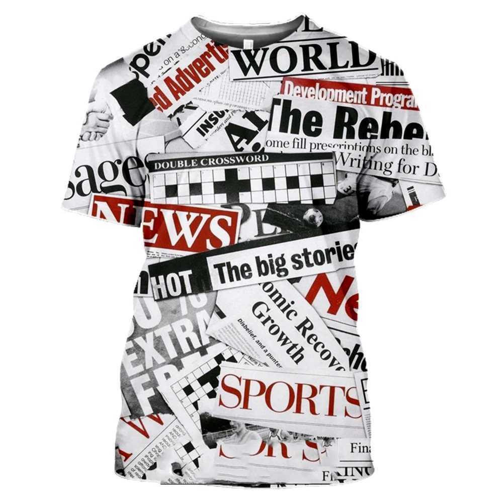 Classic retro old newspaper 3D printed mens T-shirt casual fashion hip-hop funny loose short sleeved street trend top W250224
