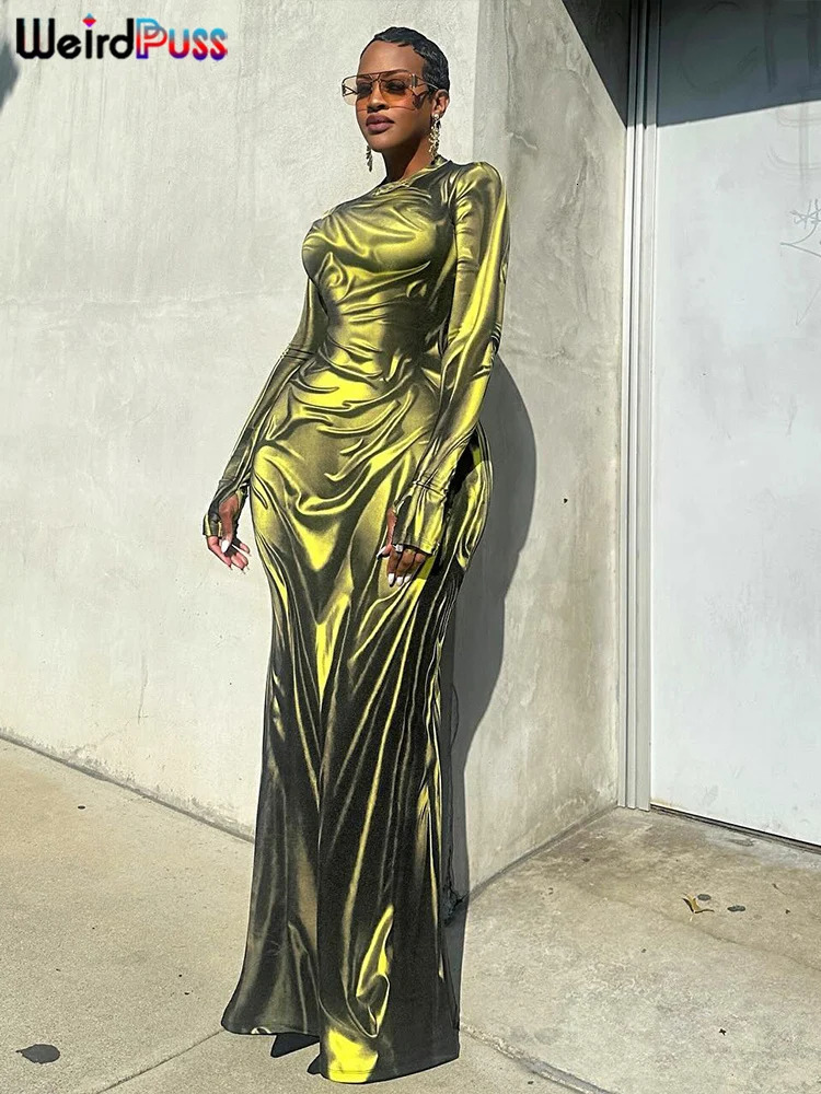 Weird Puss Sexy Light Print Dress Women Fashion Fall Simple oNeck Long Sleeve Street Skinny Stretch Maxi Bodycon 250222