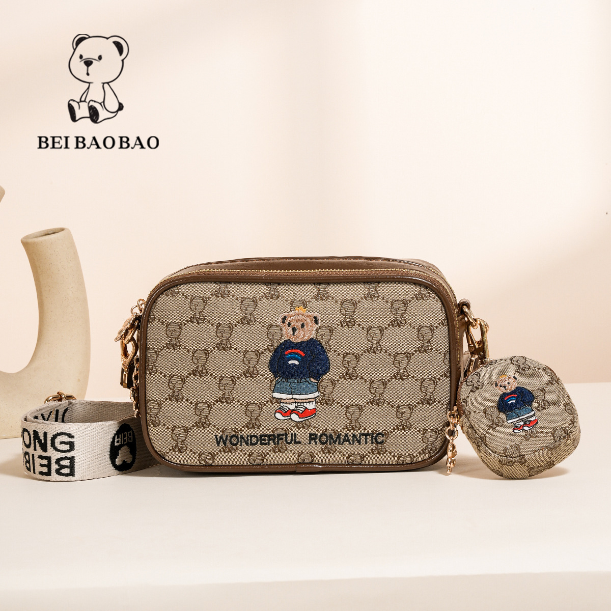 Women's Embroidered Canvas Small Square Bag with Wide Shoulder Strap - Crossbody Camera & Phone Tote with Cartoon Teddy Bear Design