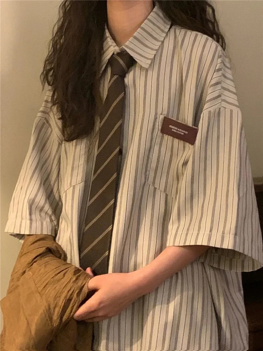 Retro Fitting Loose Versatile Style Short Sleeved Striped Shirt Vintage Clothes Top Women Shirts Blouses 250224