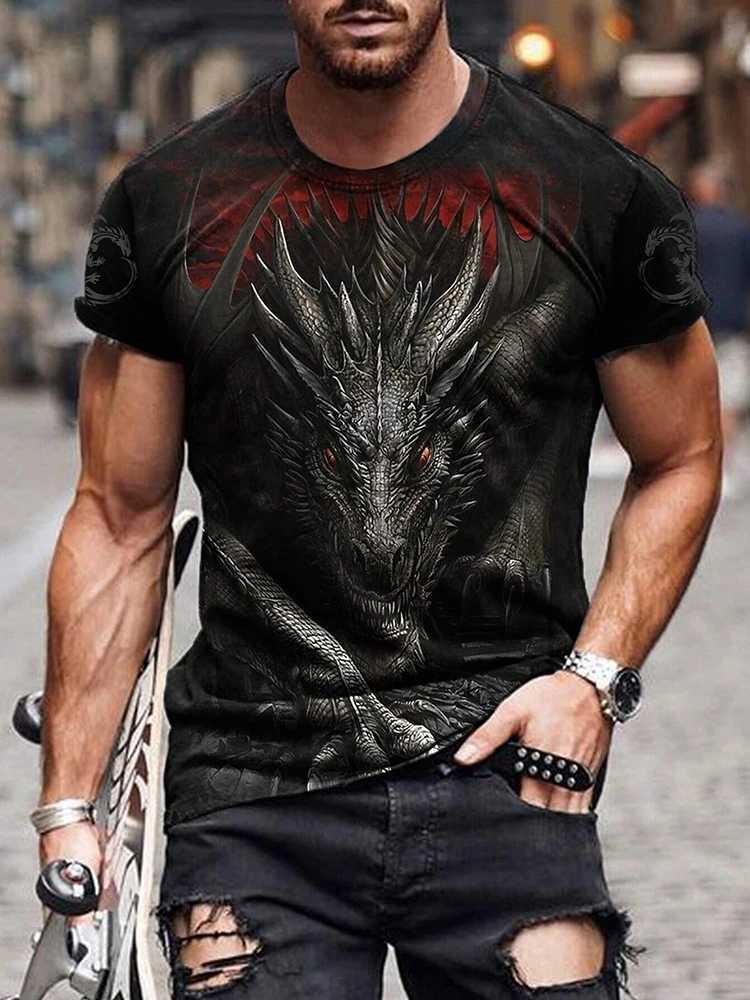 New Summer Daily Casual Mens Tops Street Fashion Dragon And Skull Printed Mens T-shirt Outdoor Sports Light Breathable Mens Tee W250224