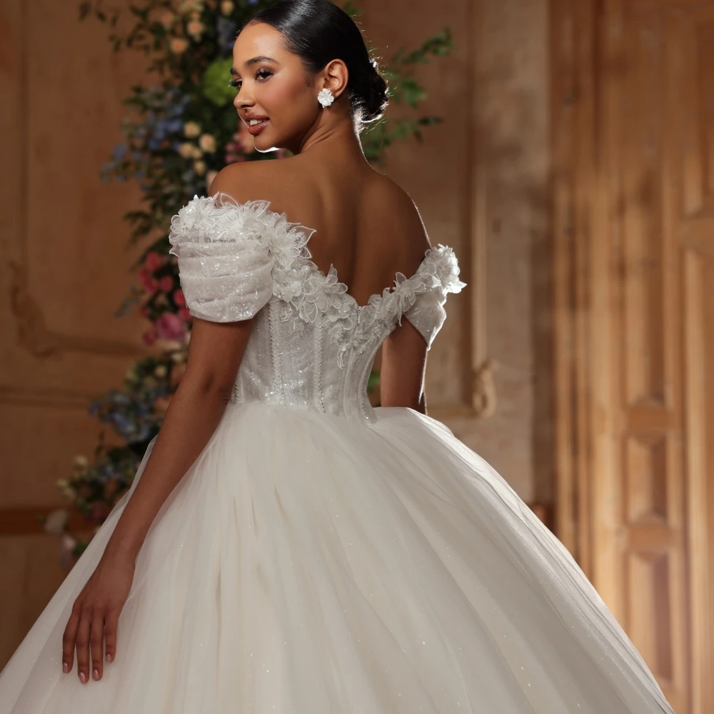 Elegant Women Wedding Off Shoulder Sleeveless Bridal Gowns 3D Appliques Sequins Sweep Train Dress Custom Made