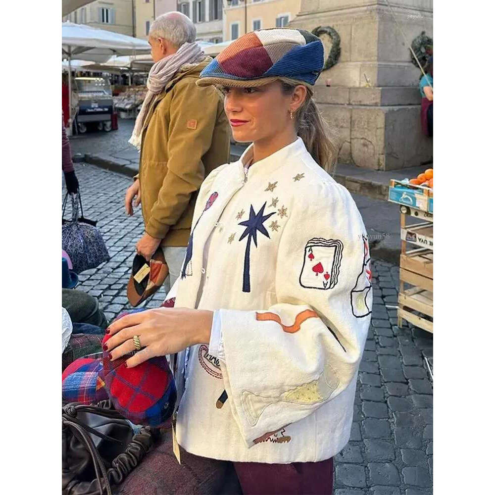 Women's Jackets Fashion Embroidery Print Women Short Coat Elegant Long Sleeve Round Neck Jacket 2024 Spring Female Chic High Streetwear