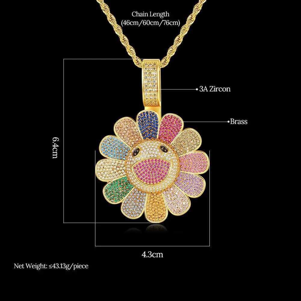 Golden Smile Chrysanthemum Cubic Zirconia Necklace Hip Hop Color CZ Pendant Mens Luxury Fashion High Quality Jewelry Gift X250224