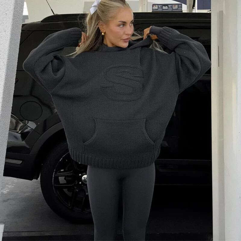 Y2K hooded casual letter knitted trendy loose sweater for autumn and winter 2025 season