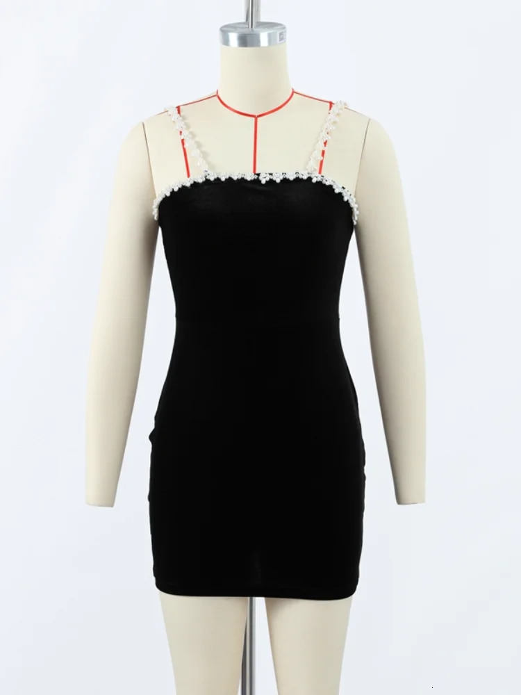 Elegant 3d Flower Pearl Slip Dress Women Sexy Square Collar Backless Sleeveless Mini Dresses 2025 Spring Black Slim Robe Lady 250224