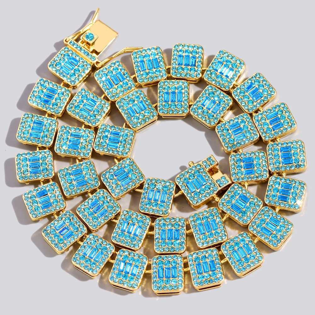 Mens shiny blue bagel tennis Cuban chain necklace mini paving square crystal d outer chain necklace hip-hop jewelry gift X250224