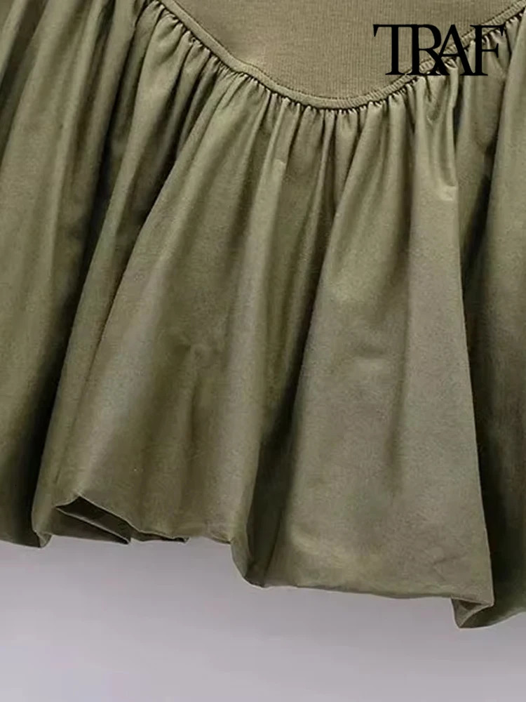 TRAFWomens Patchwork Ribbed Poplin Puff Mini Dress Straight Neck Thin Straps Female Dresses Sexy Fashion 250222