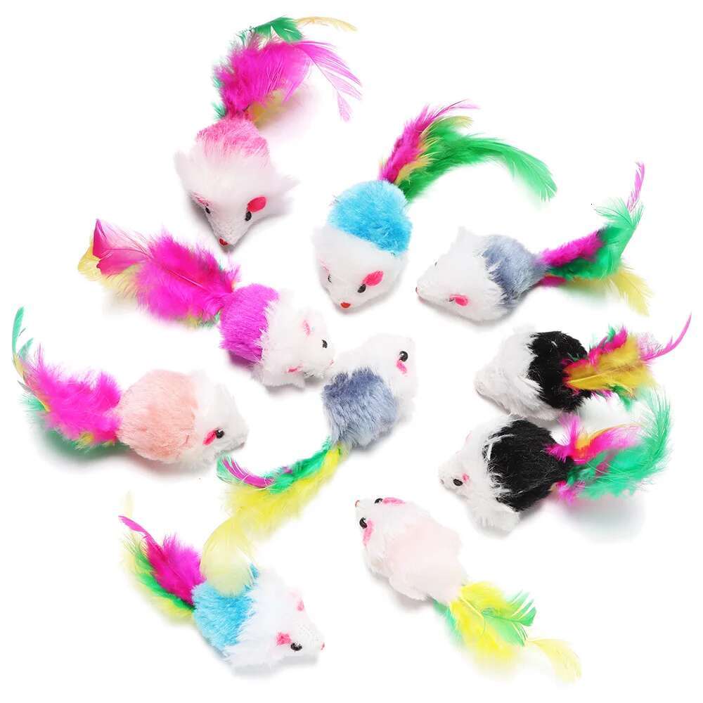 10 Pcs New Plush Cat Mouse Mice Rattle Set Interactive Pet Toy for Kittens Assorted Caip Toys with Colorful Feather Tail