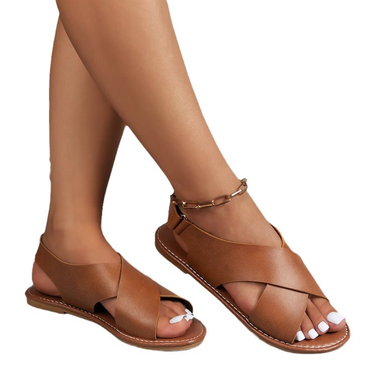 2025 Europe and the United States foreign trade large size cross with flat sandals women retro style open toe beach sandals 35-43 Wide Design slipper 
