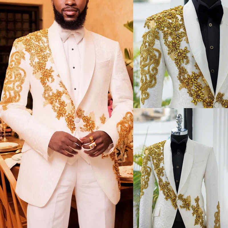 Classic Wedding Tuxedos Appliques Crystal Men Suits Shawl Lapel 2 Piece Set Jacket Pants Business Formal Blazers Customized