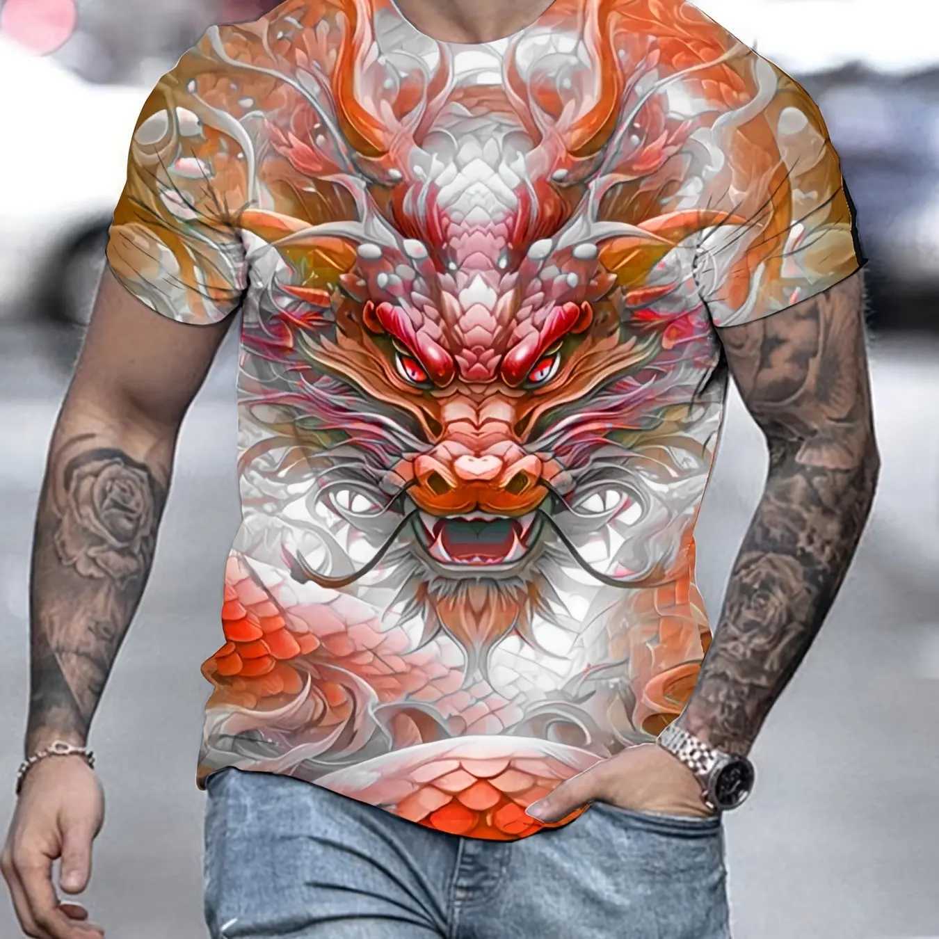 Mens fashionable 3D dragon print flower T-shirt casual slightly elastic breathable top suitable for outdoor summer W250224
