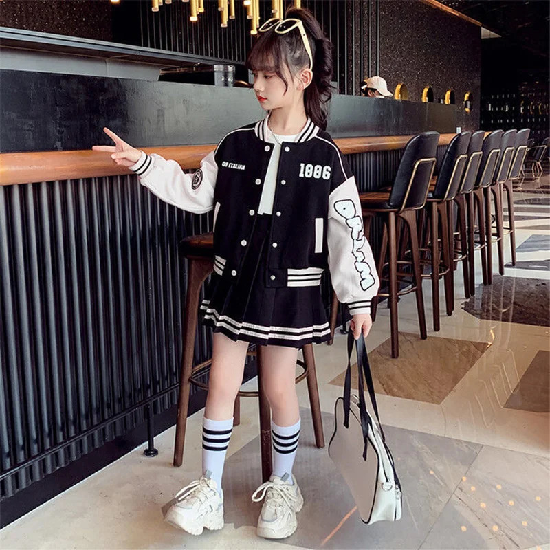 Girls Fashion Clothing Sets Spring Autumn Kids Baseball Sports Suit Children Jacket Pleated Skirt 2Pcs Student Uniform Outfits 250224