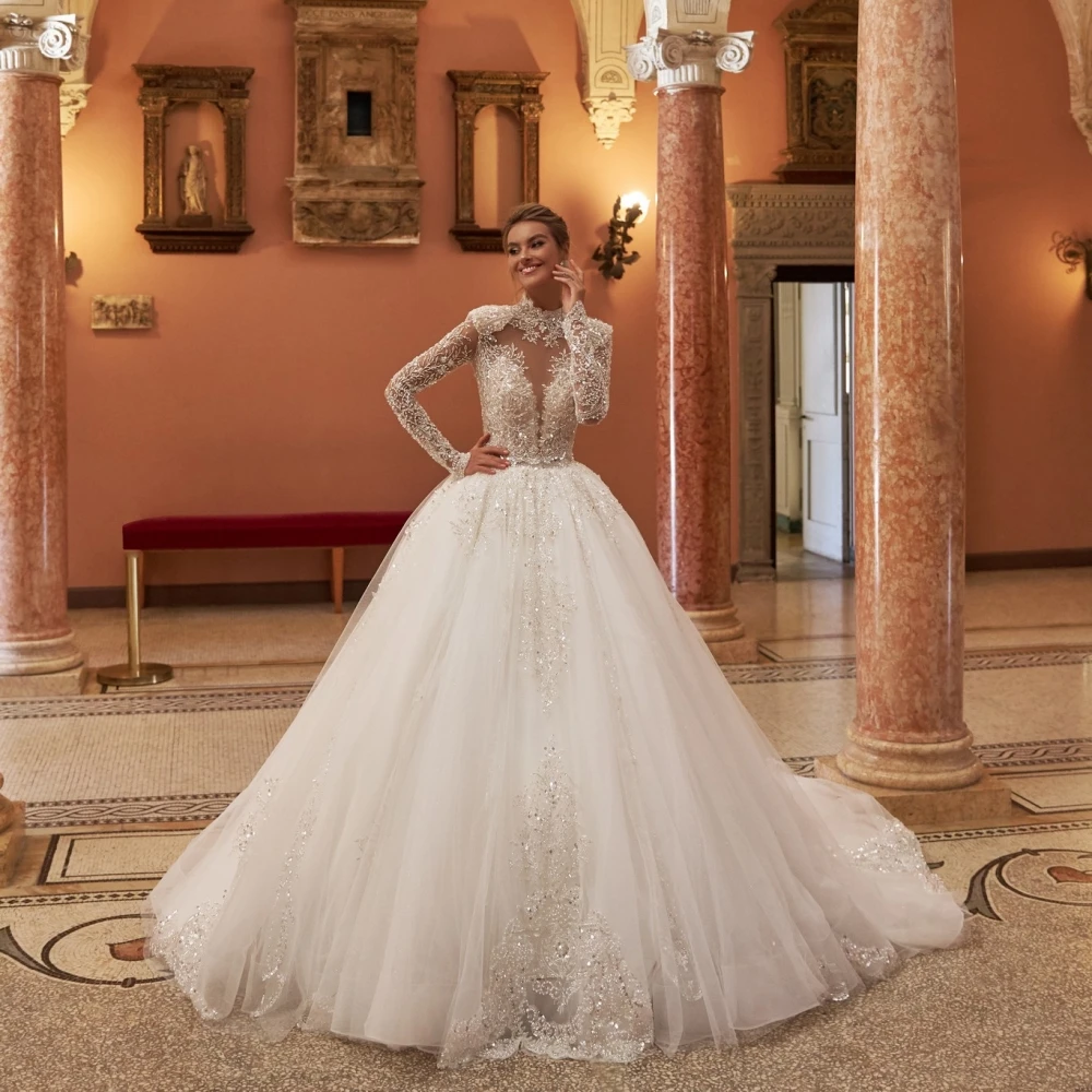 A e Women Wedding High Collar Long Sleeves Bridal Gowns Sequins Beaded Sweep Train Dress Custom Made vestidos de novia