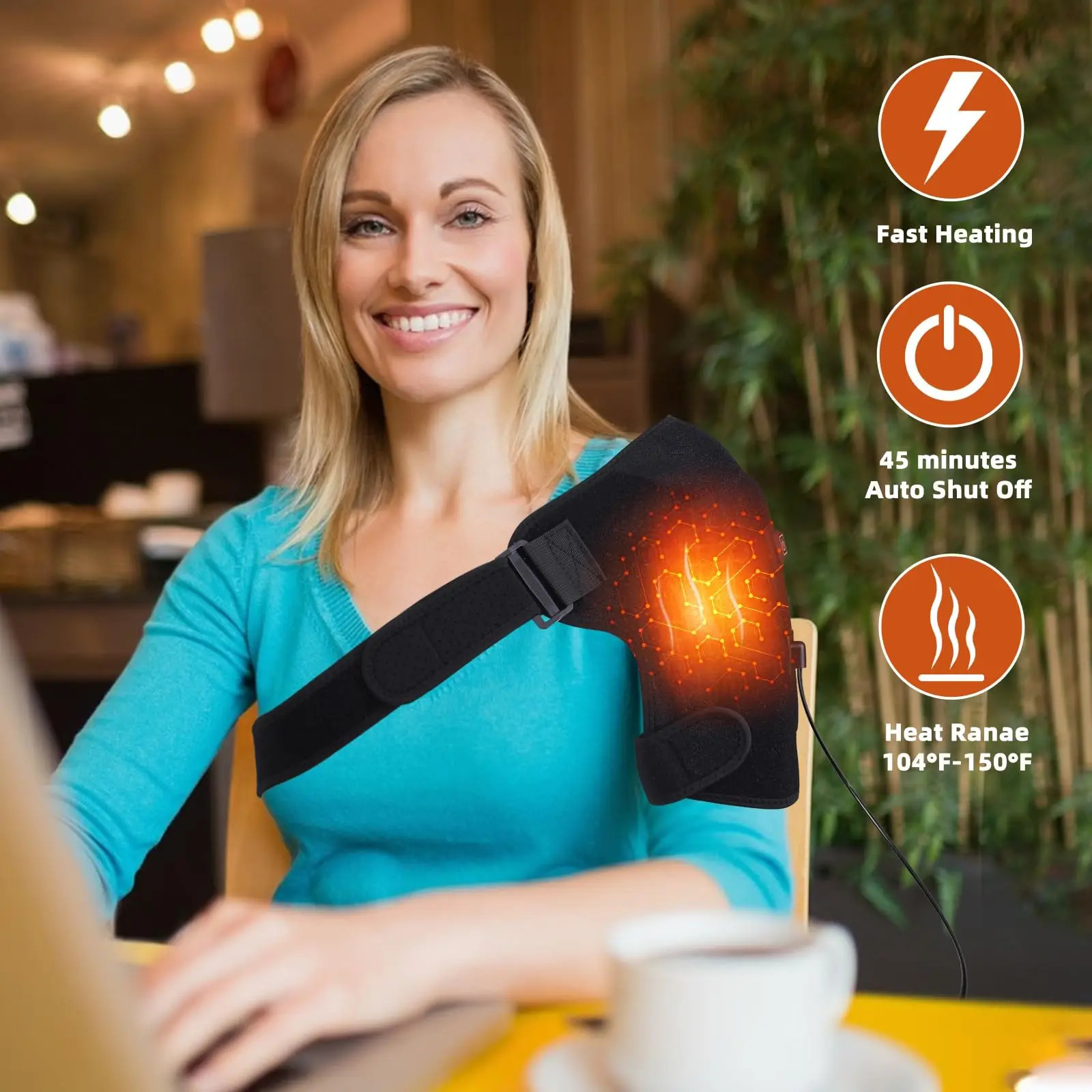 Heated shoulder wrap bracket with adjustable shoulder heating pad and extension strap to relieve frozen shoulder pain 250222