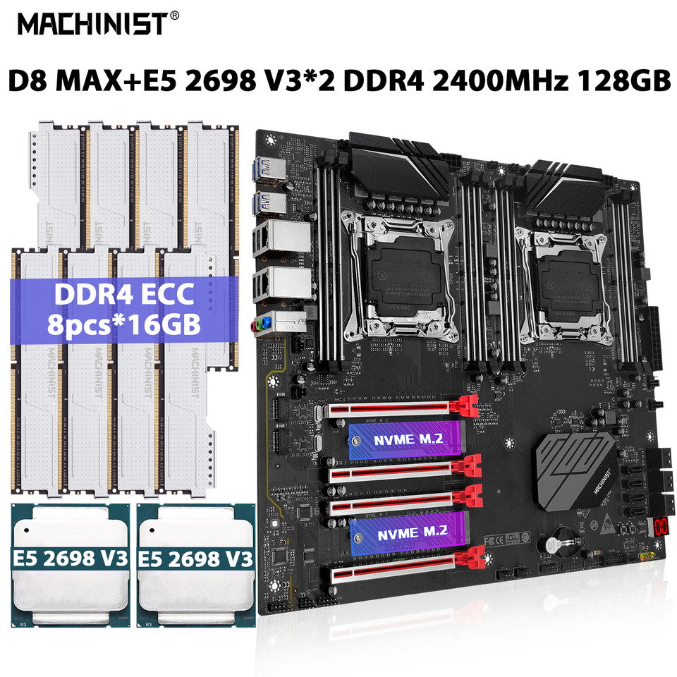 MACHINIST X99 D8 MAX Motherboard Kit Set Xeon E5 2698 V4 Processor LGA 2011-3 CPU*2PCS+DDR4 128GB(8*16GB) ECC Memory RAM