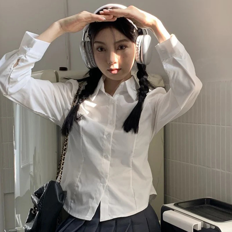 Rimocy College Style Y2K White Shirt Women 2025 Chic Long Sleeve Cropped Blouse Woman Korean Turndown Collar Slim Shirts Female 250224