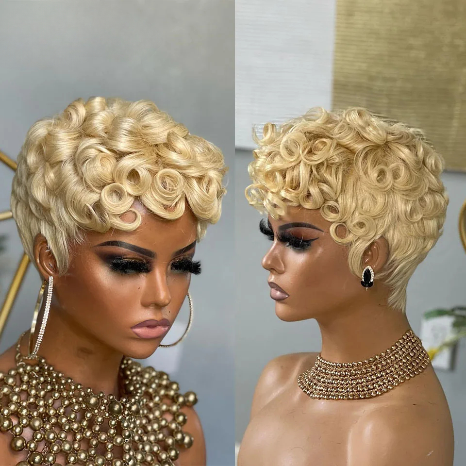 Free shipping 180density Brazlian Red /brown/ Blonde Finger Wave Wig Short Curly Full Lace Front for Women Pixie Cut Wigs Human Hair Cosplay Halloween