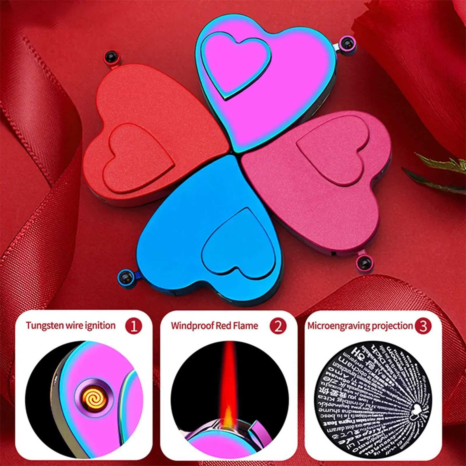 Heart Lighter Windproof Creative Personalized Gift Red Flame Torch Lighter Love Gas and Electric Dual-use Lighters Cute GiftT250224