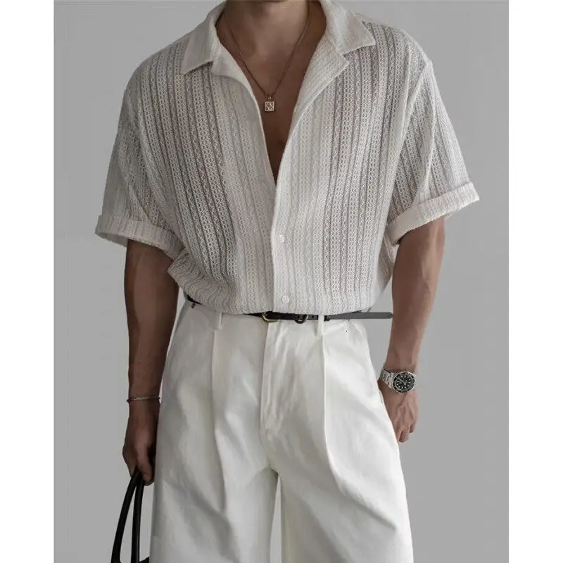Vintage Cuban Collar Hollow Short Sleeved Shirt Men Korean Fashion Loose Casual Shirts Gentlemans Lazy Style Shirt Men Clothing 250222