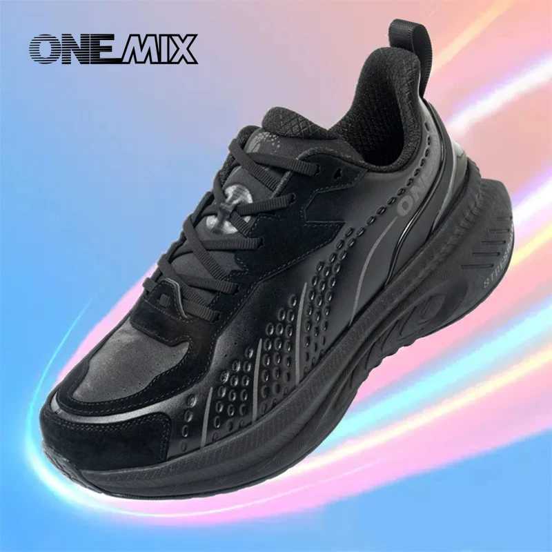 ONEMIX Winter Running Shoes for Men Leather Warm Sport Shoes Wear-resistant Female Jogging Training Shoes Black Walking SneakersC250304